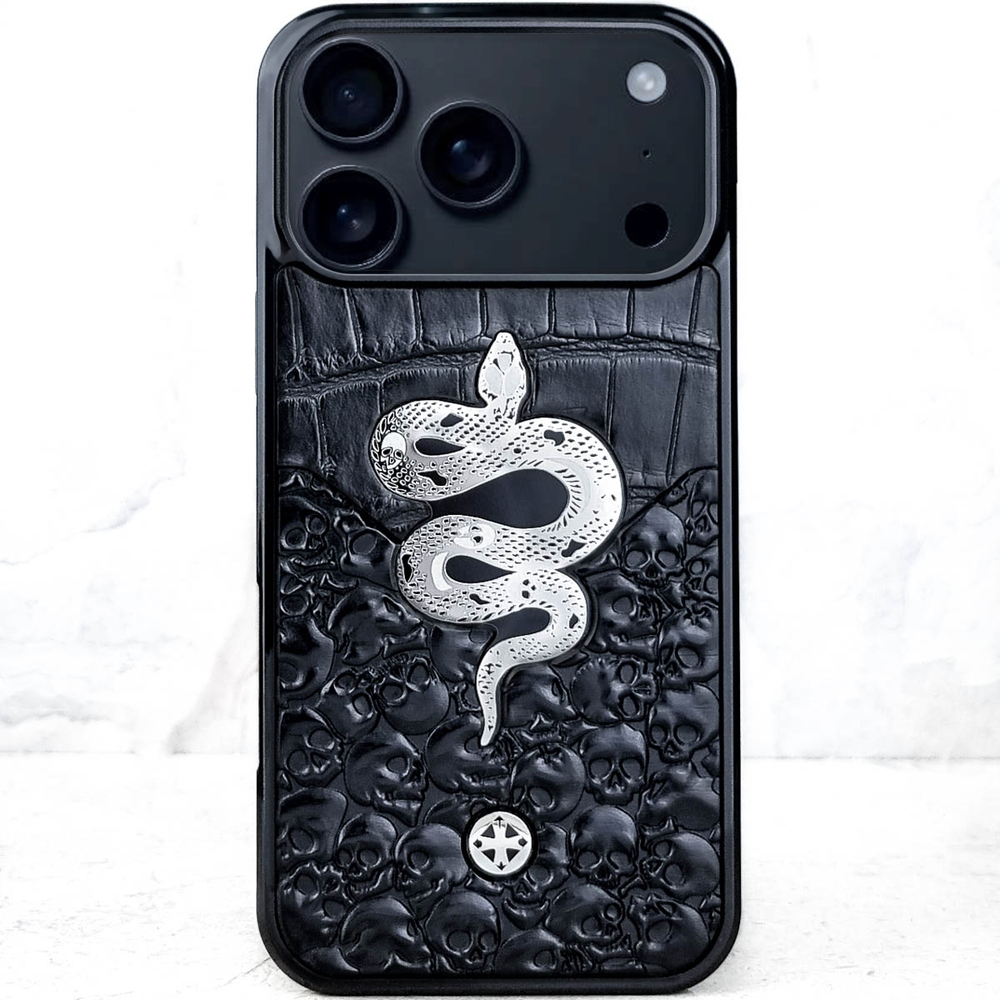 Люкс чехол для iPhone из крокодила со змеей из металла с черепами - Euphoria HM Premium
