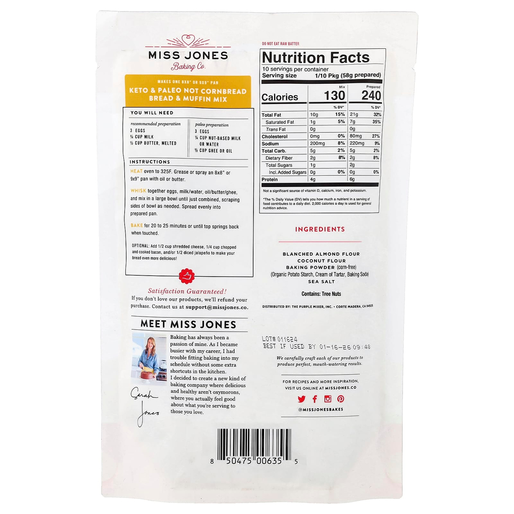 Miss Jones Baking Co, Keto & Paleo, смесь не кукурузного хлеба и маффинов, 210 г (7,4 унции)