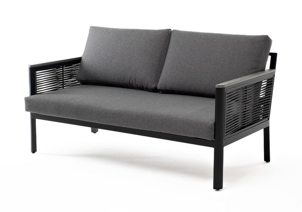 "Сан Ремо" диван 2-местный плетеный из роупа, каркас алюминий темно-серый, роуп серый, ткань серая