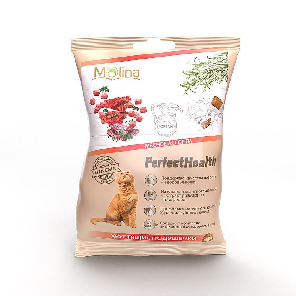 Лакомство для кошек Molina Хрустящие подушечки из мясного ассорти, пакет 50 г