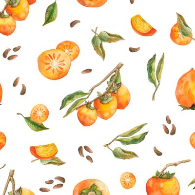 Акварельный паттерн с веточками, плодами хурмы