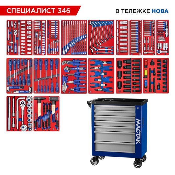 МАСТАК (50-07346B) Набор инструментов 346 предметов, "СПЕЦИАЛИСТ 346", в синей тележке