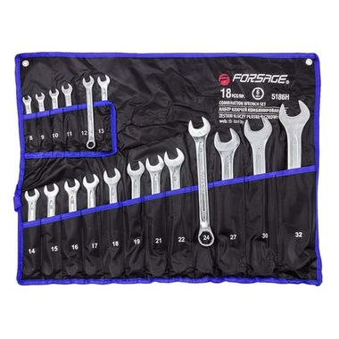 Набор ключей комбинированных 6гр., 18пр. (8-19, 21, 22, 24, 27, 30, 32мм), на полотне Forsage F-5186H