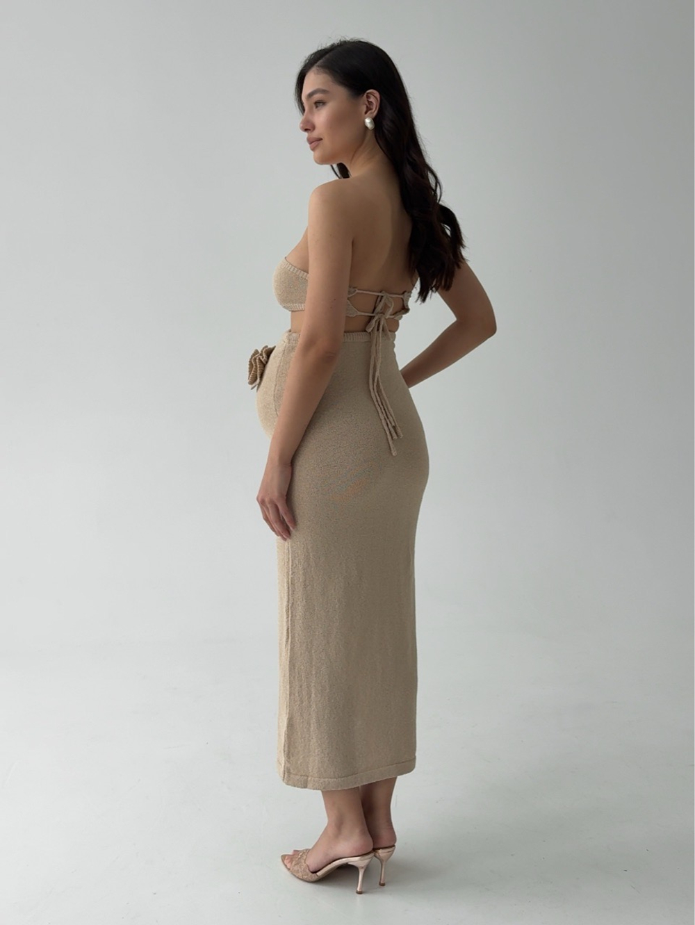 Комплект вязаный, топ бандо и длинная юбка