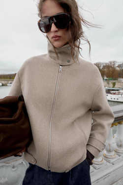 ZARA БОМБЕР ИЗ ШЕРСТИ С ВЫСОКИМ ВОРОТНИКОМ, СВЕТЛЫЙ СЕРО-КОРИЧНЕВЫЙ