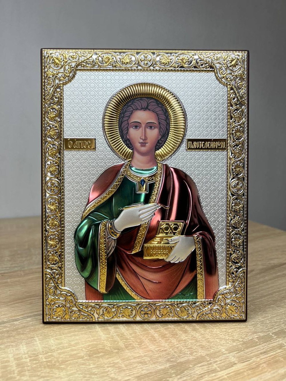 Пантелеймон, икона прямоугольная без рамки, красное дерево, эмаль 120х160
