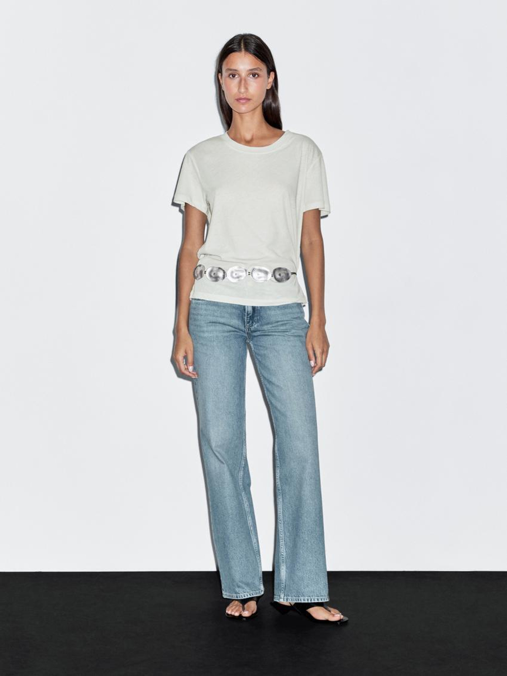 Massimo Dutti Футболка с короткими рукавами из 100% хлопка, водянисто-зеленый