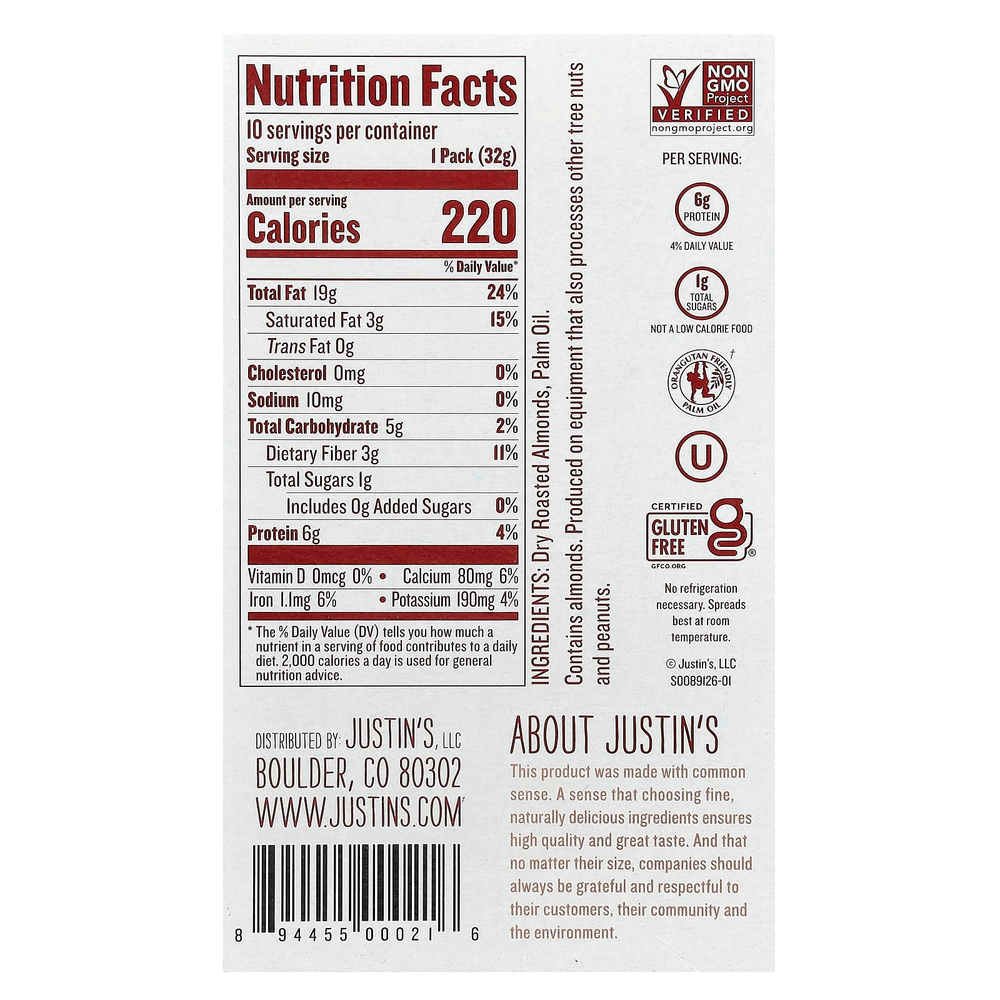 Justin's Nut Butter, Классическое миндальное масло, полностью натуральное, 10 пакетиков, 1.15 унций (32 г) /шт.