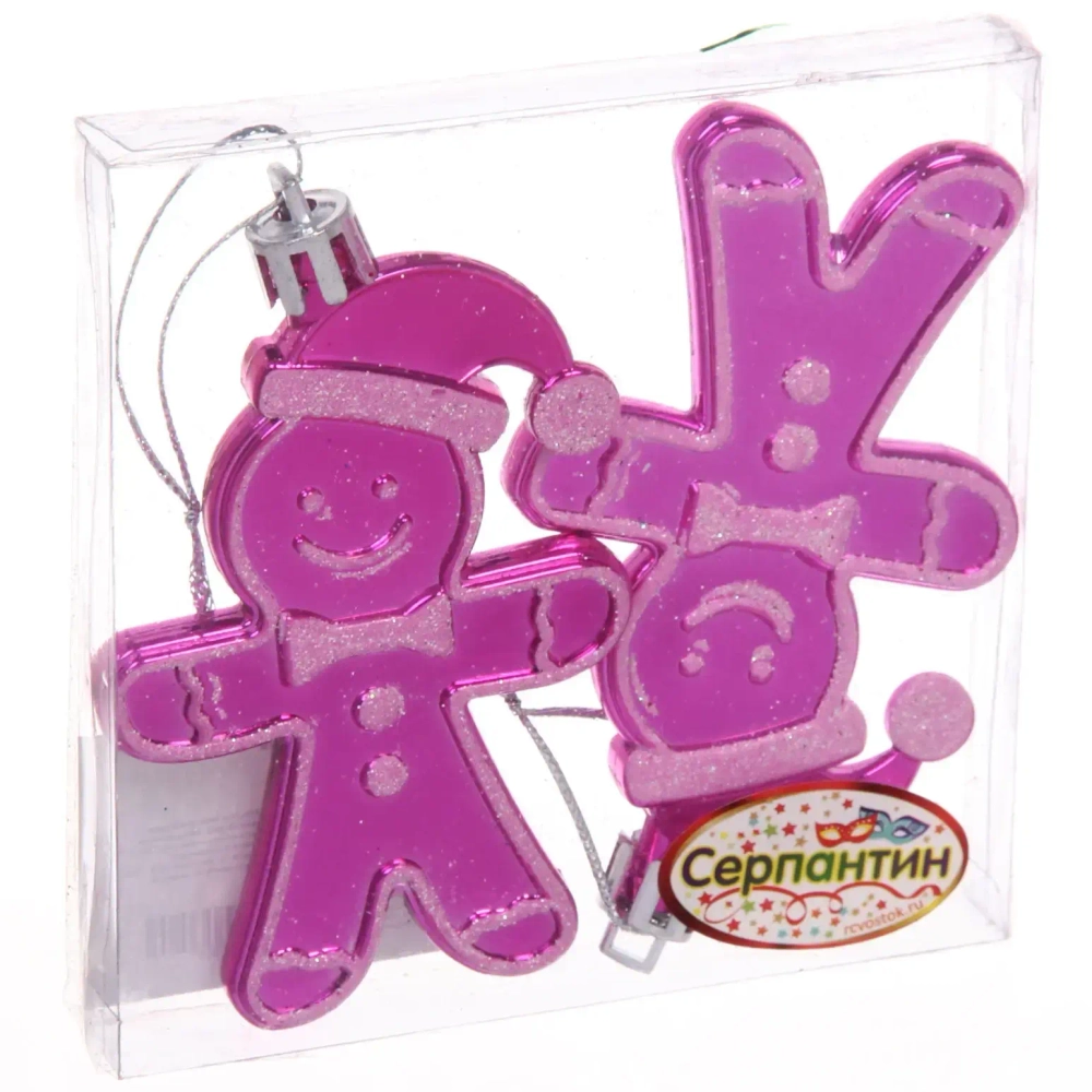 Елочные игрушки «Пряничный человечек» 8 см (набор 2 шт), Розовый