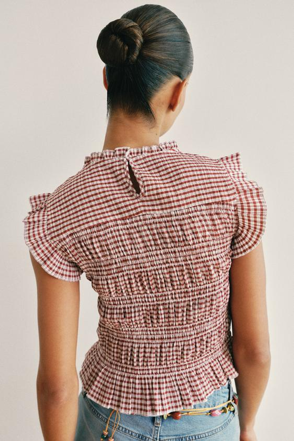ZARA ТОП В КЛЕТКУ ВИШИ С ЭФФЕКТОМ ЖАТКИ, ЭКРЮ/ГРАНАТОВЫЙ