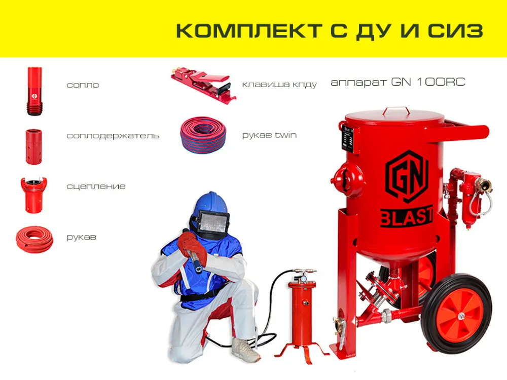 Комплект пескоструйного оборудования на базе аппарата GN100RC с ДУ и СИЗ