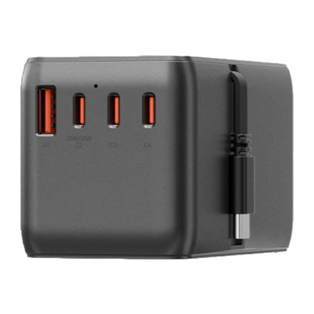 Универсальное сетевое зарядное устройство со встроенным кабелем Energea TravelWorld Adapter GaN85 мощностью 85 Вт (1 розетка, 3 USB-C, USB-A) (GaN) L-образный туристический мощный адаптер питания. Есть встроенный плоский кабель-рулетка USB-C (0,8 м), LED-
