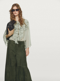 Massimo Dutti Замшевые кожаные брюки широкого кроя - Studio, зеленый