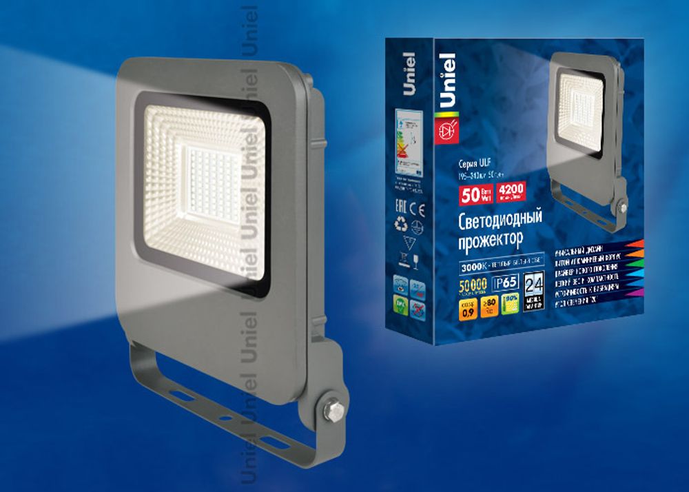 ULF-F17-50W/WW IP65 195-240В SILVER Прожектор светодиодный. Теплый белый свет (3000K). Корпус серебристый. TM Uniel.