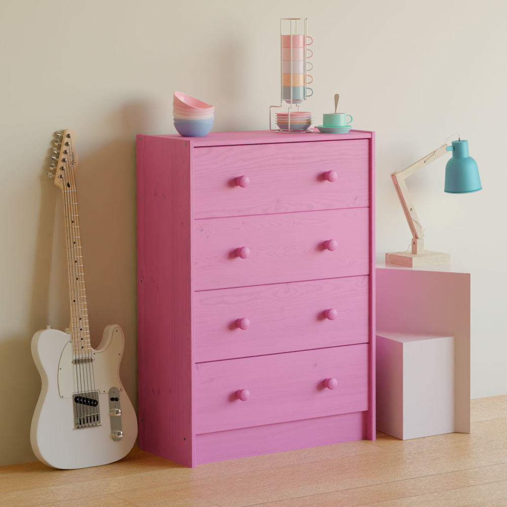 Розовый деревянный комод Раст с 4 ящиками для хранения вещей и игрушек с органайзерами, из массива сосны
