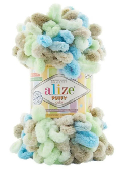 Пуффи колор (Puffy color) пряжа Alize 100%микрополиэстер 5х100г/9 м (8015 бежевый-св.салат-голубой)