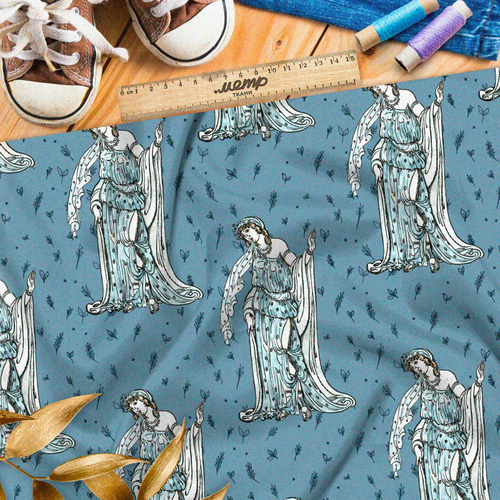Ткань футер 2-х нитка древнегреческие богини на голубом фоне