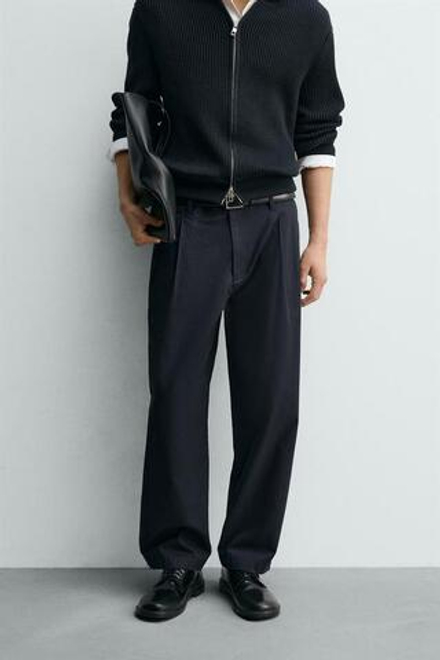 ZARA БРЮКИ RELAXED FIT СО СКЛАДКАМИ, МОРСКОЙ ТЕМНО-СИНИЙ