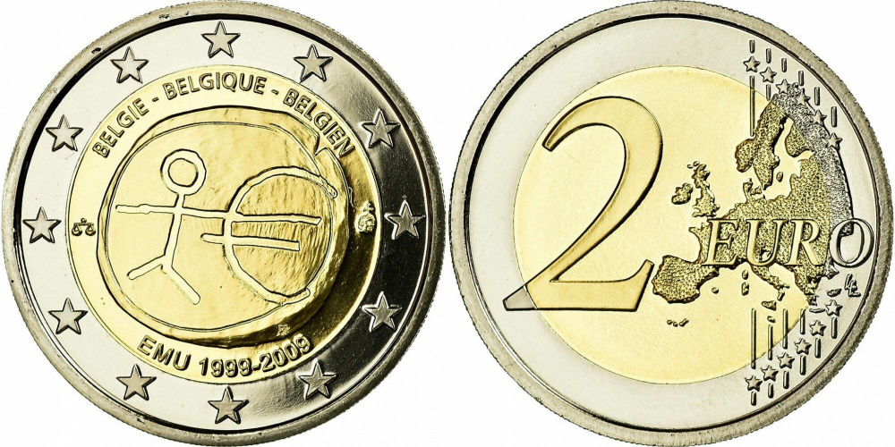 Бельгия 2 евро, 2009 10 лет монетарной политики ЕС (EMU) и введения евро aUNC