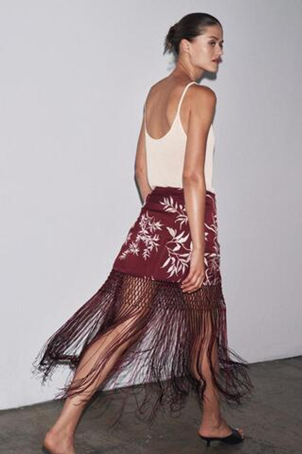 ZARA ЮБКА-ПАРЕО С ВЫШИВКОЙ И БАХРОМОЙ, БУРГУНДИ