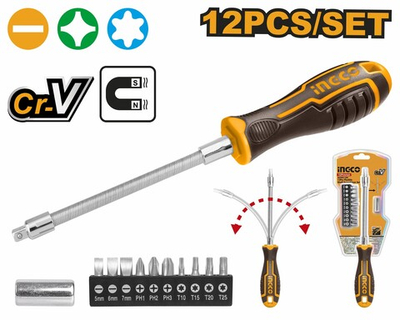 Отвертка гибкая с битами 12 шт SUPER INGCO AKSDFL1208