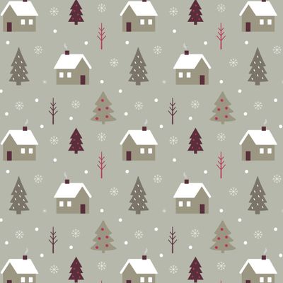 Скандинавские домики ёлки и снежинки на сером фоне