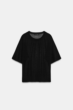 ZARA ТОП ИЗ ТОНКОГО ТРИКОТАЖА С КОРОТКИМ РУКАВОМ, ЧЕРНЫЙ