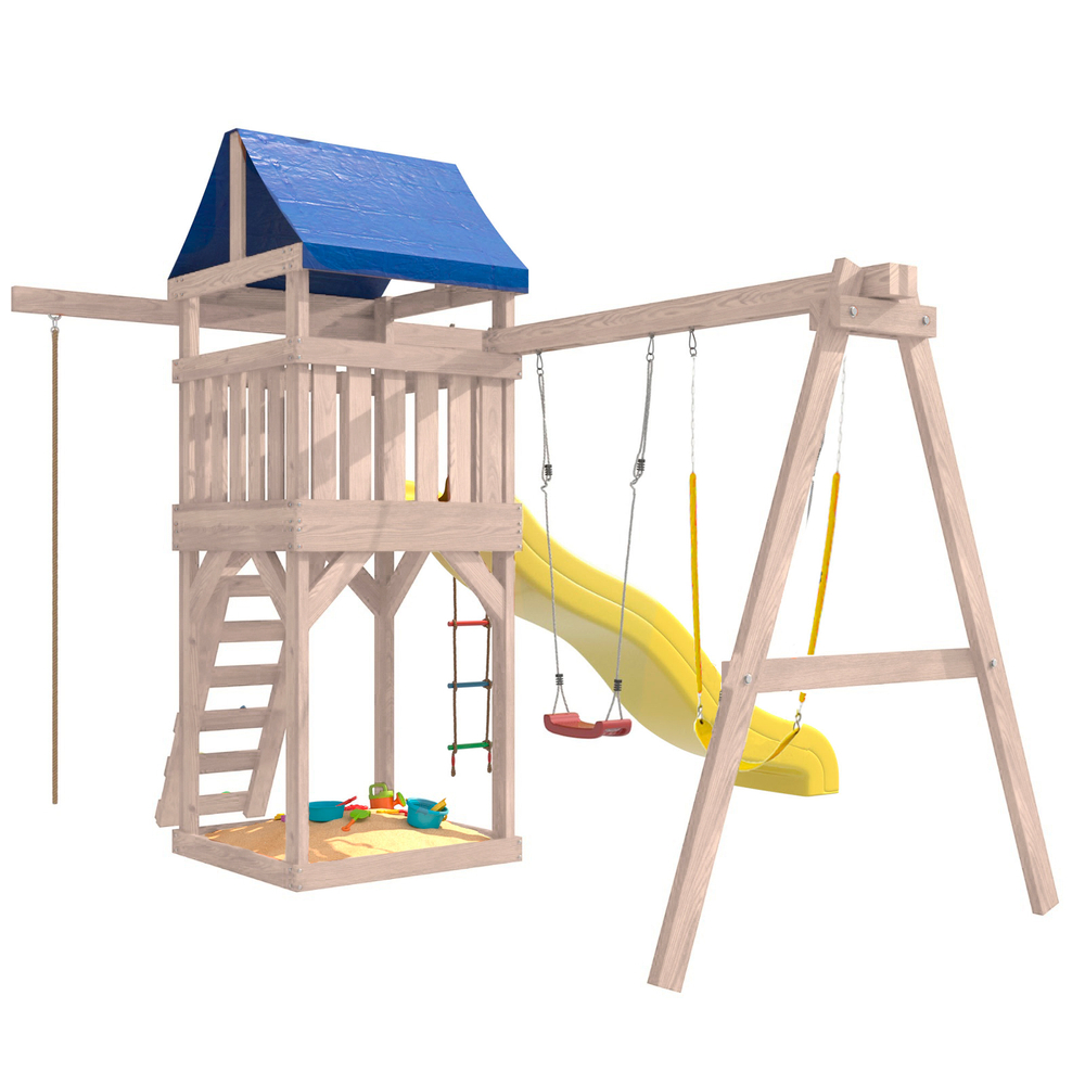 Детская площадка неокрашенная с гибкими качелями в желтом цвете и лодочкой IgroWoods для улицы и дачи