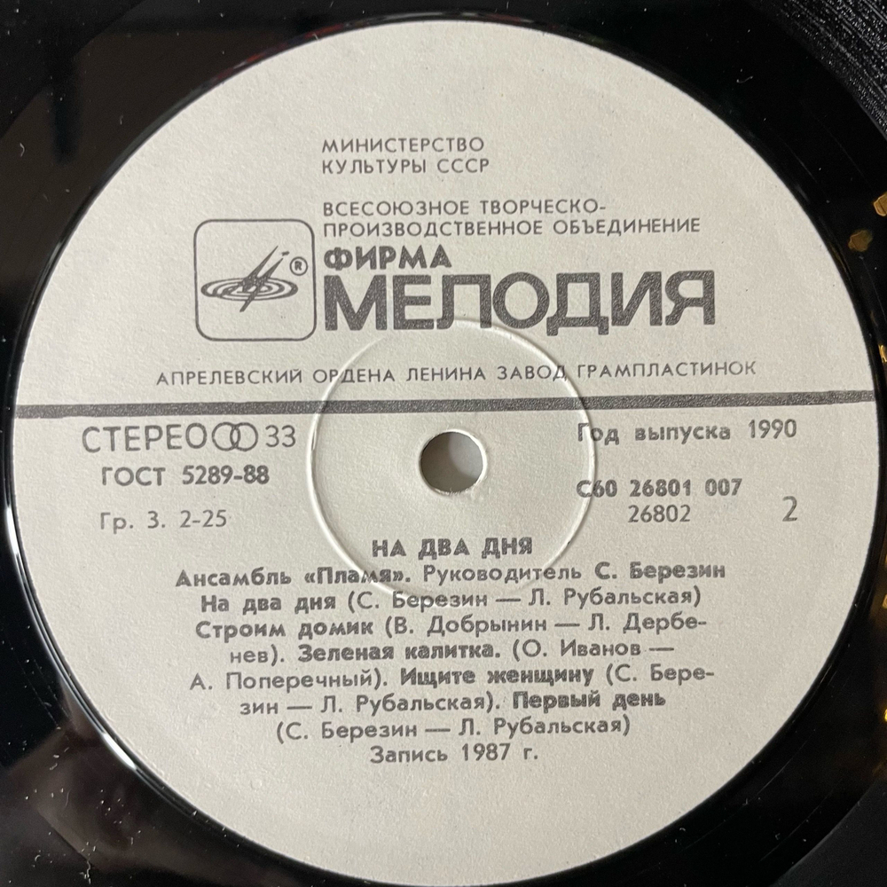 Винтажная виниловая пластинка LP ВИА Пламя На Два Дня (СССР 1990)