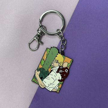 Брелок металлический Денджи и Почита главная поза Человек-бензопила Chainsaw man