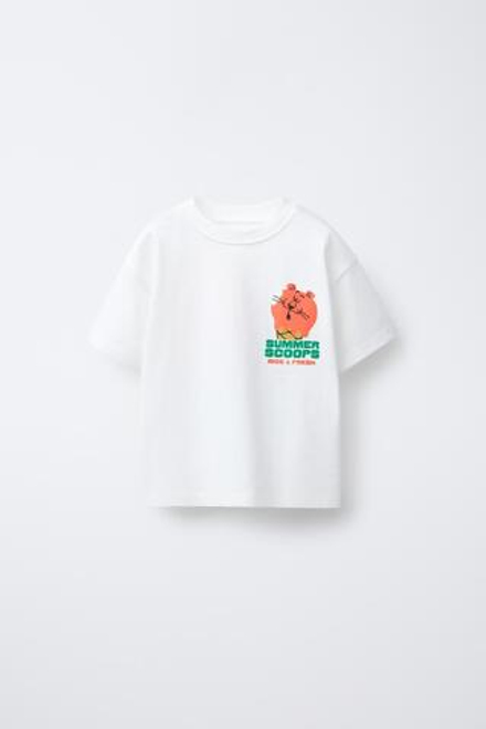 ZARA ФУТБОЛКА С АНИМАЛИСТИЧЕСКИМ ПРИНТОМ «МОРОЖЕНОЕ», ЖЕЛТОВАТО-БЕЛЫЙ