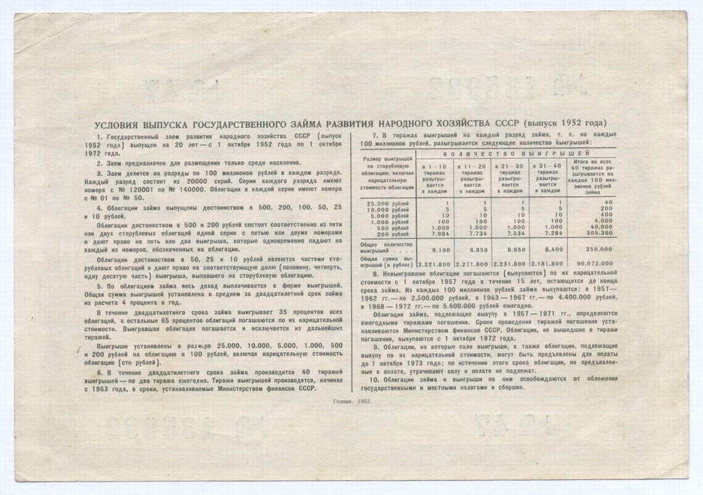 Облигация 50 рублей 1952 год. Серия № 135982. VF+