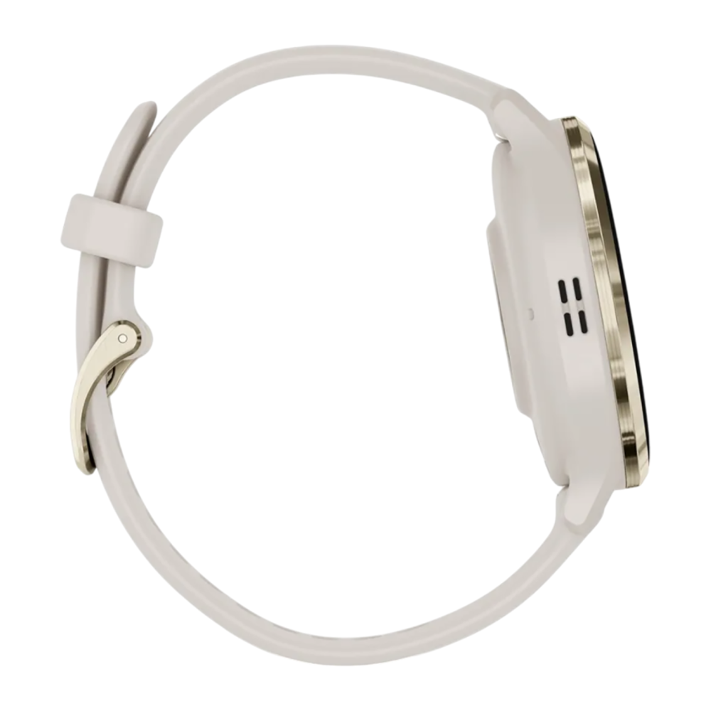 Спортивные часы Garmin Venu 3S, 41 мм, силиконовый ремешок цвета «слоновая кость» Безель из нержавеющей стали золотистого цвета, корпус цвета «слоновая кость», AMOLED-дисплей со стеклом Gorilla Glass. Ремешок с классической застёжкой — на запястье обхвато