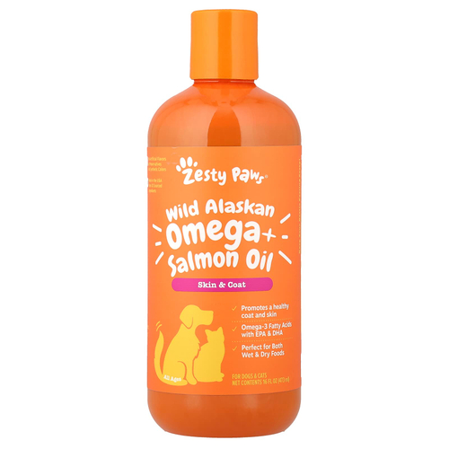 Zesty Paws, омега из дикой аляскинской кожи и жир лосося, для собак и кошек любого возраста, 473 мл (16 жидк. унций)
