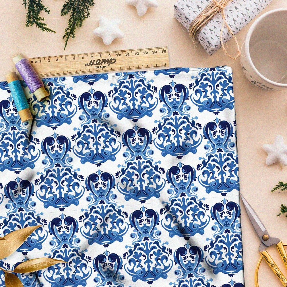 Ткань дюспо отзеркаленные элементы гжели на белом фоне