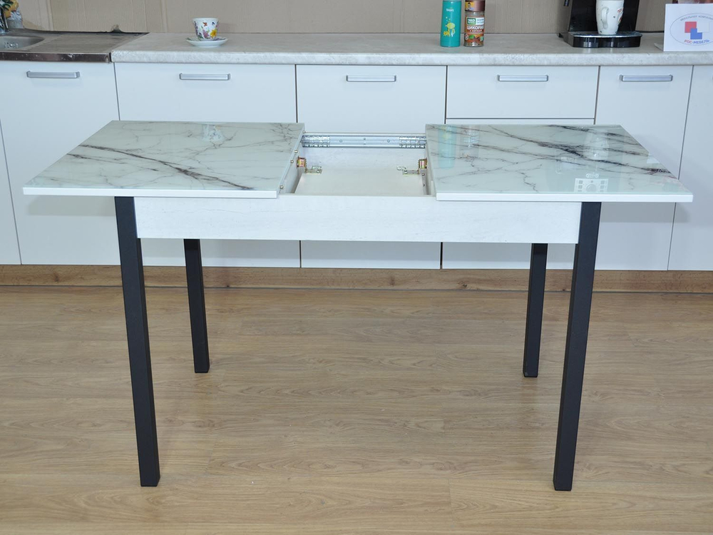 Альфа фотопечать стол обеденный раздвижной / белый мрамор/бетон белый/черный