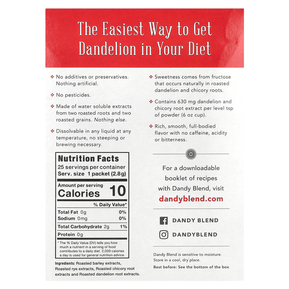 Dandy Blend, Instant Herbal Beverage With Dandelion (Быстрорастворимый травяной напиток с одуванчиком), без кофеина, 25 одноразовых пакетиков