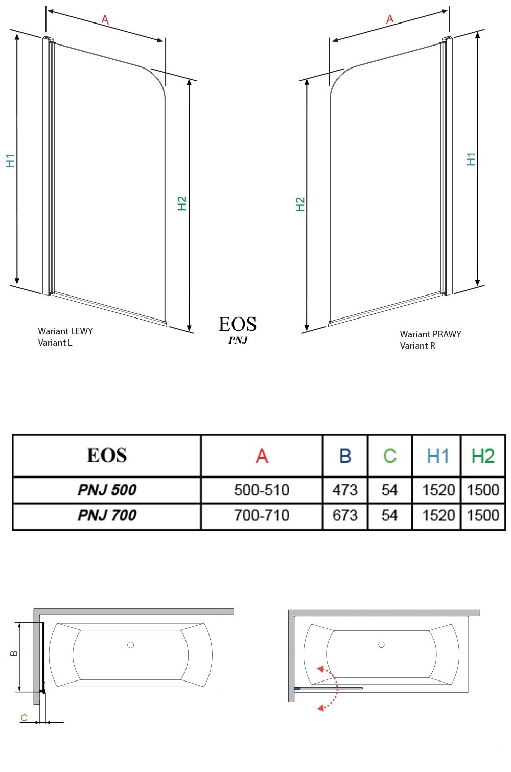 Шторка на ванну  Radaway Eos PN  70x152 левая, крепится слева, профиль хром, стекло прозрачное 205101-101L схема