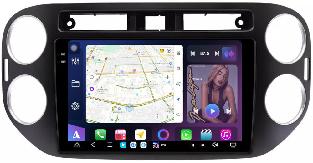 Магнитола для Volkswagen Tiguan 1 2011-2016 (рамка 9 чёрная, прямоуг. кнопка) - FarCar GX489M монитор 9.5" 2K QLED на Android 14, TS20, 6+128Гб, CarPlay, 4G SIM-слот