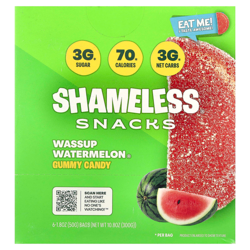 Shameless Snacks, Wassup Watermelon®, жевательные конфеты, 6 пакетиков по 50 г (1,8 унции)