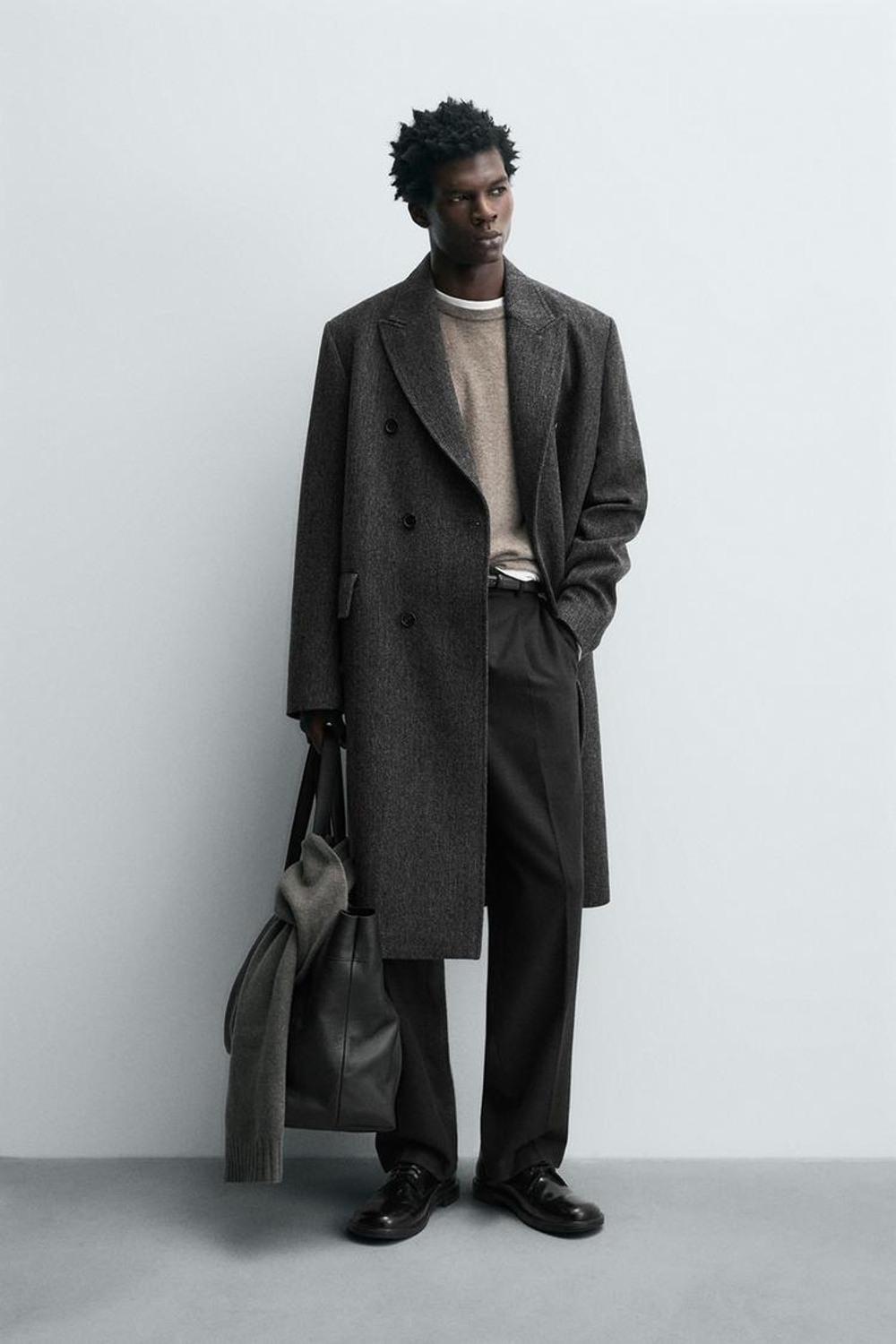 ZARA ДВУБОРТНОЕ ПАЛЬТО В ЕЛОЧКУ ИЗ СМЕСОВОЙ ШЕРСТИ LIMITED EDITION, КОРИЧНЕВЫЙ МЕЛАНЖ