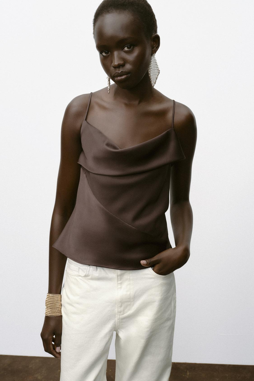 ZARA ТОП В БЕЛЬЕВОМ СТИЛЕ ИЗ КОМБИНИРОВАННОГО АТЛАСА, КОРИЧНЕВЫЙ