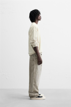 ZARA БРЮКИ КАРГО ОВЕРСАЙЗ ИЗ СТИРАННОГО ДЕНИМА С КАРМАНОМ, КАМЕННО-СЕРЫЙ