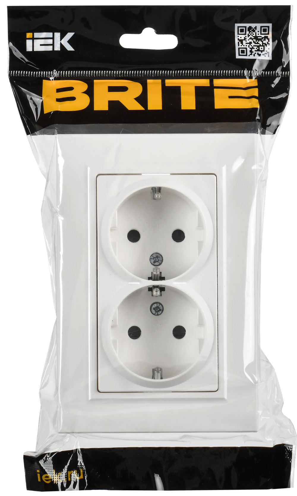 BRITE Розетка 2-местная с заземлением с защитными шторками плоская 16А в сборе РСшПл12-3-БрАБ арктический белый IEK