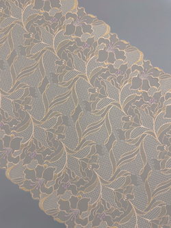 Вышивка на сетке песочно-бежевая с яркой лавандой и глиттером неэластичная ширина 33 см