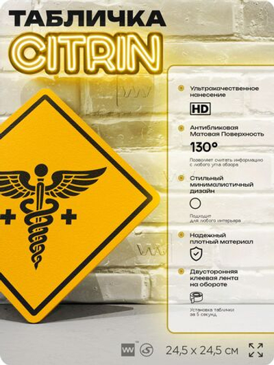 Табличка декоративная "Кадуцей" на дверь и стену, медицинская, информационная, декоративный знак, 24,5х24,5 см, пластиковая, Айдентика Технолоджи
