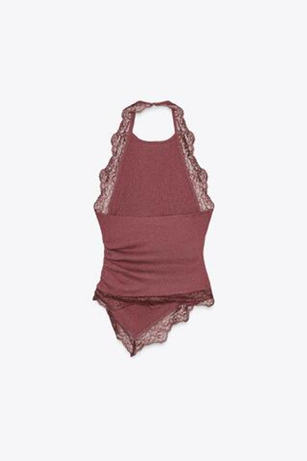 ZARA ТЕКСТУРИРОВАННЫЙ ТОП-ХАЛТЕР С КРУЖЕВОМ, ТЕМНО-РОЗОВЫЙ