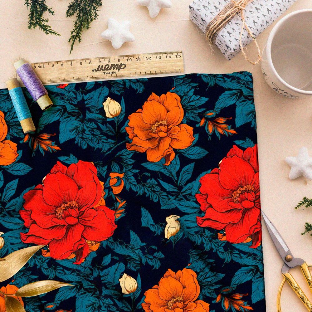 Ткань премиум атлас эффектные цветочные акценты