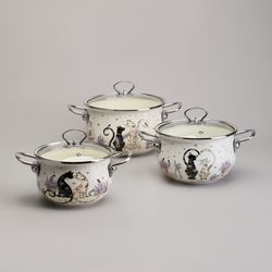 НАБОР КАСТРЮЛЬ ЭМАЛИРОВАННЫЙ, СЕРИЯ "LAVENDER CATS 6ПР. 2,0/2,8/3,8Л ДИА.18/20/22СМ