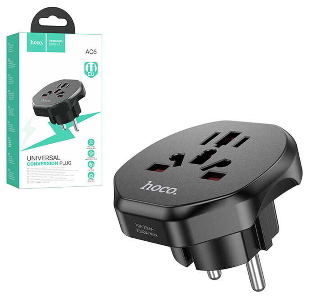Сетевой переходник для евророзетки HOCO AC6 10A 250W (черный)